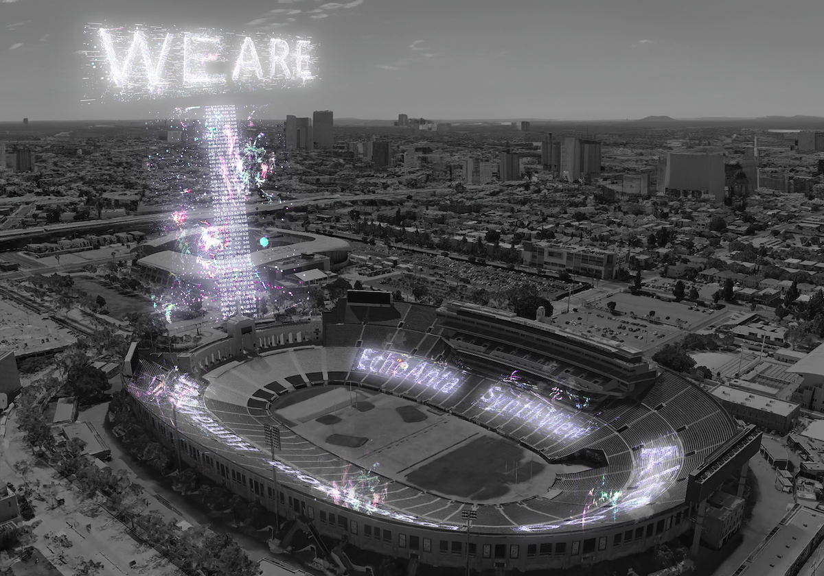 A computer rendered image of a fireworks display above a stadium.